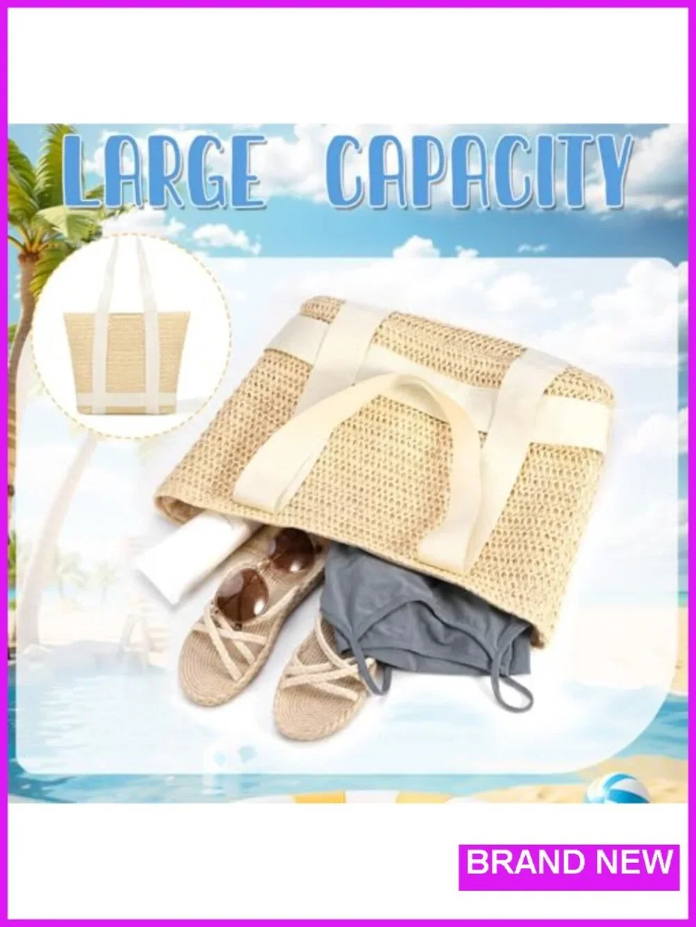 Large Straw Beach Tote Bag with Sun Hat Holder Woven Shoulder Bag Zipper